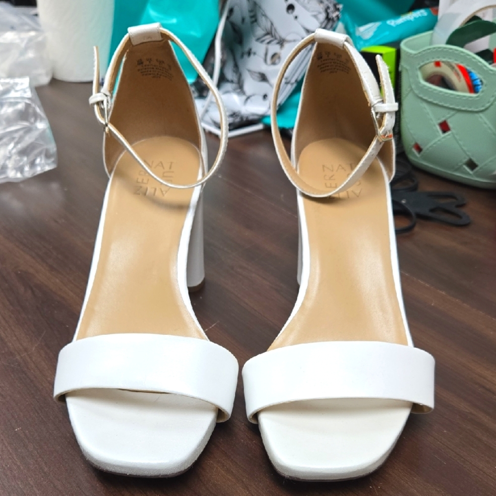 White Ankle-Strap Block Heel Sandals